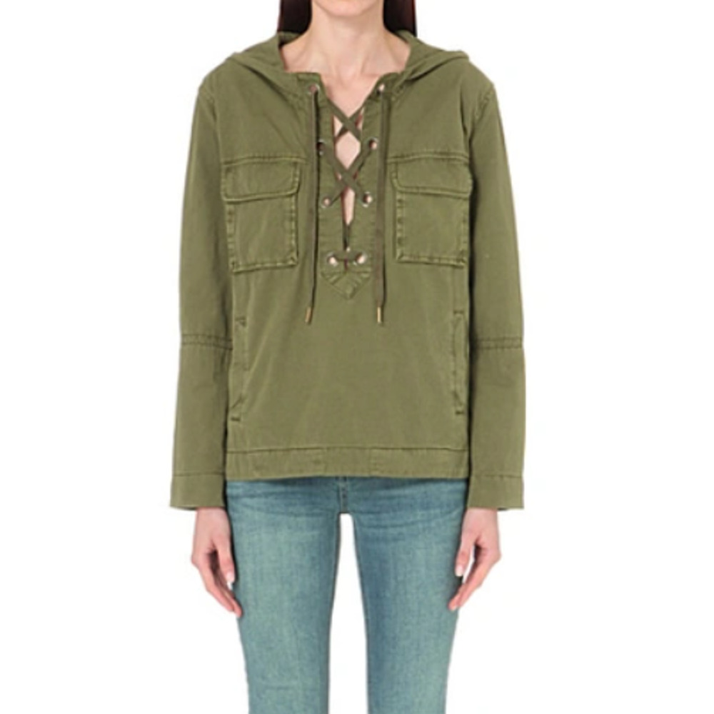 FREE PEOPLE Jacket S Safari Pullover Anorak Hoodie Lace Up Canvas Cotton Green